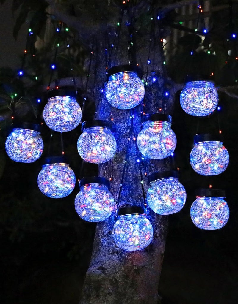 PARTPHONER Solar Lights Outdoor Waterproof 12-Pack, Solar Powered Hanging Lantern Cracked Glass Hanging Globes for Yard Decor Christmas Decoration, Shepherd Hook, Garden Tree Ornaments, RGB - Image 1
